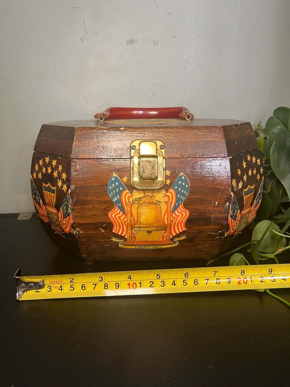 Vintage 1976 Bicentennial Wooden Box Purse Liberty Bell Decoupage Red Handle - Picture 2 of 6